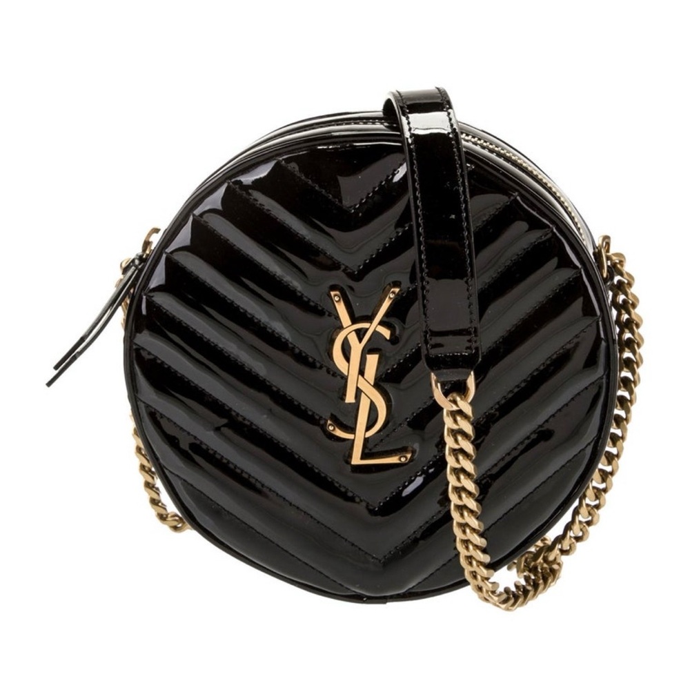 Yves Saint Laurent Glossy Black and Gold Chevron Crossbody Bag